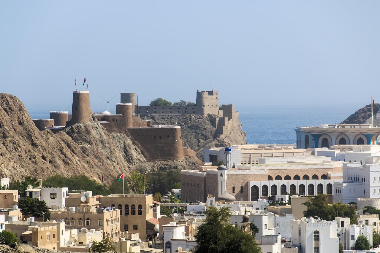 Muscat architecture and coastal fort in Oman
